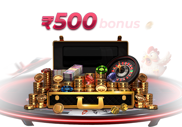 Topone Game welcome artwork with casino chips, cards, a roulette wheel, and a ₹500 promotion